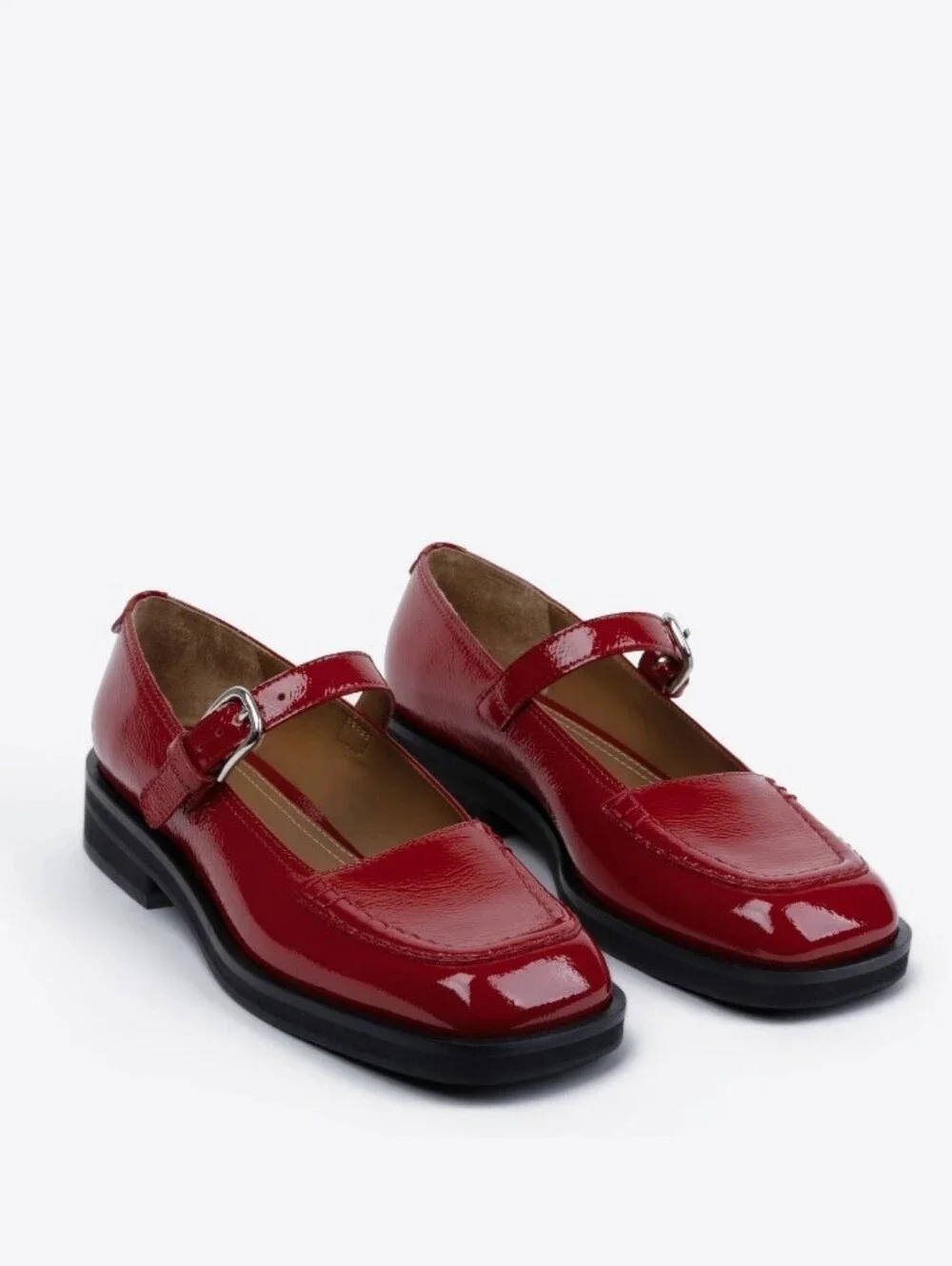 Labucq Norman Mary Jane Square Toe Buckle Strap Red Patent Shoes Size 40